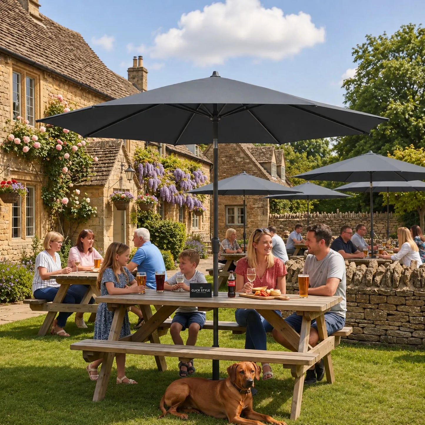 Platinum Riva 3.5m Round Centre Pole Parasol in Anthracite Grey with powder-coated aluminium frame, round 220g/m² polyester canopy and easy wind-up handle for gardens, patios, terraces and outdoor dining areas | Click Style