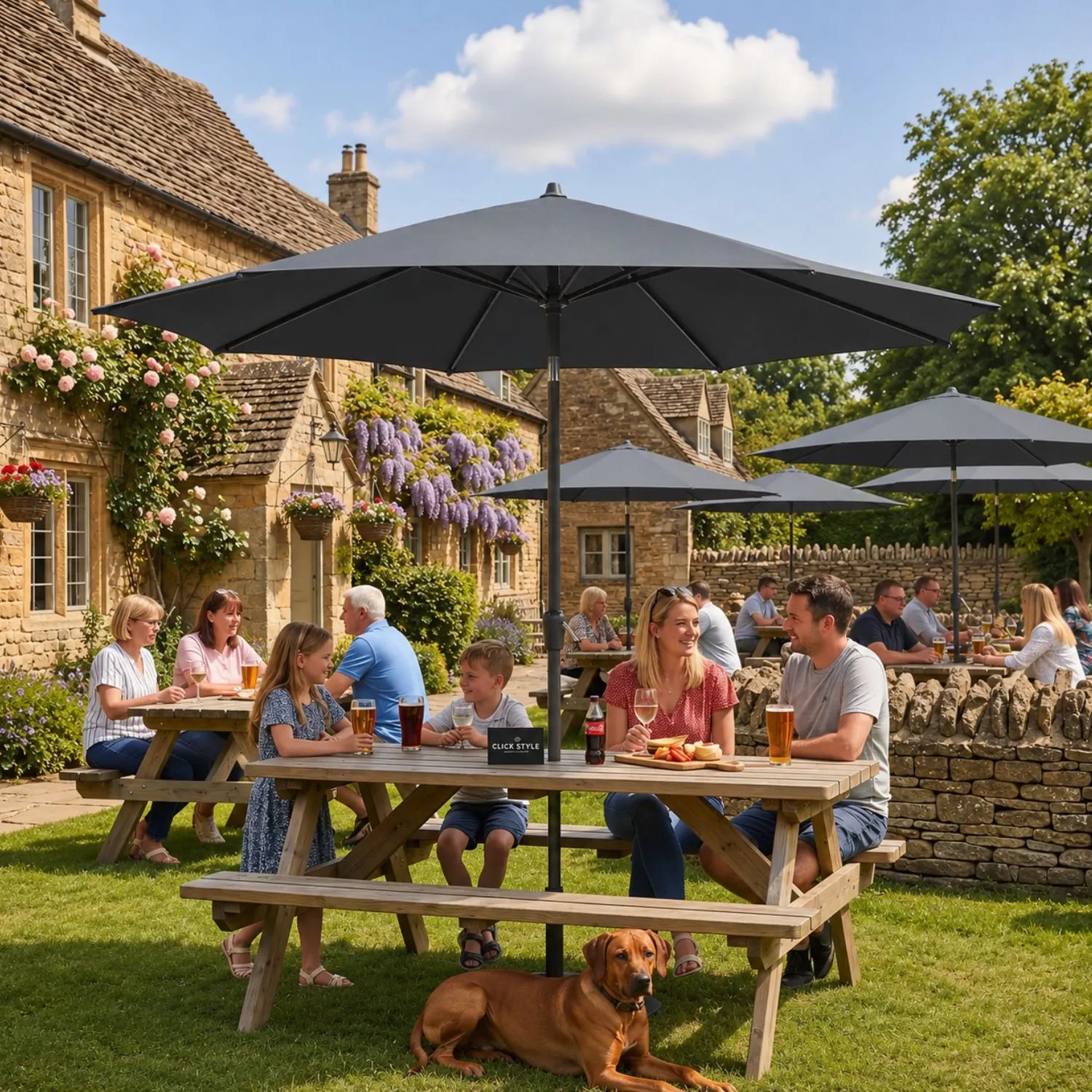 Platinum Riva 3.5m Round Centre Pole Parasol in Anthracite Grey with powder-coated aluminium frame, round 220g/m² polyester canopy and easy wind-up handle for gardens, patios, terraces and outdoor dining areas | Click Style