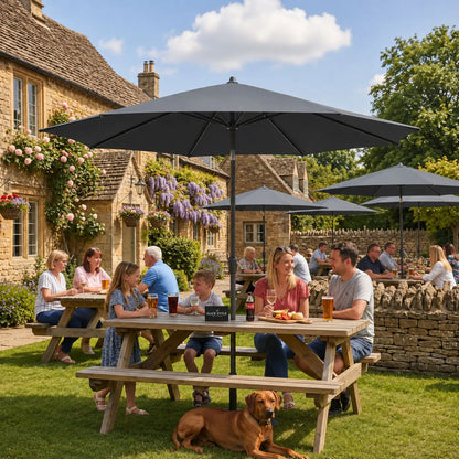 Platinum Riva 3.5m Round Centre Pole Parasol in Anthracite Grey with powder-coated aluminium frame, round 220g/m² polyester canopy and easy wind-up handle for gardens, patios, terraces and outdoor dining areas | Click Style