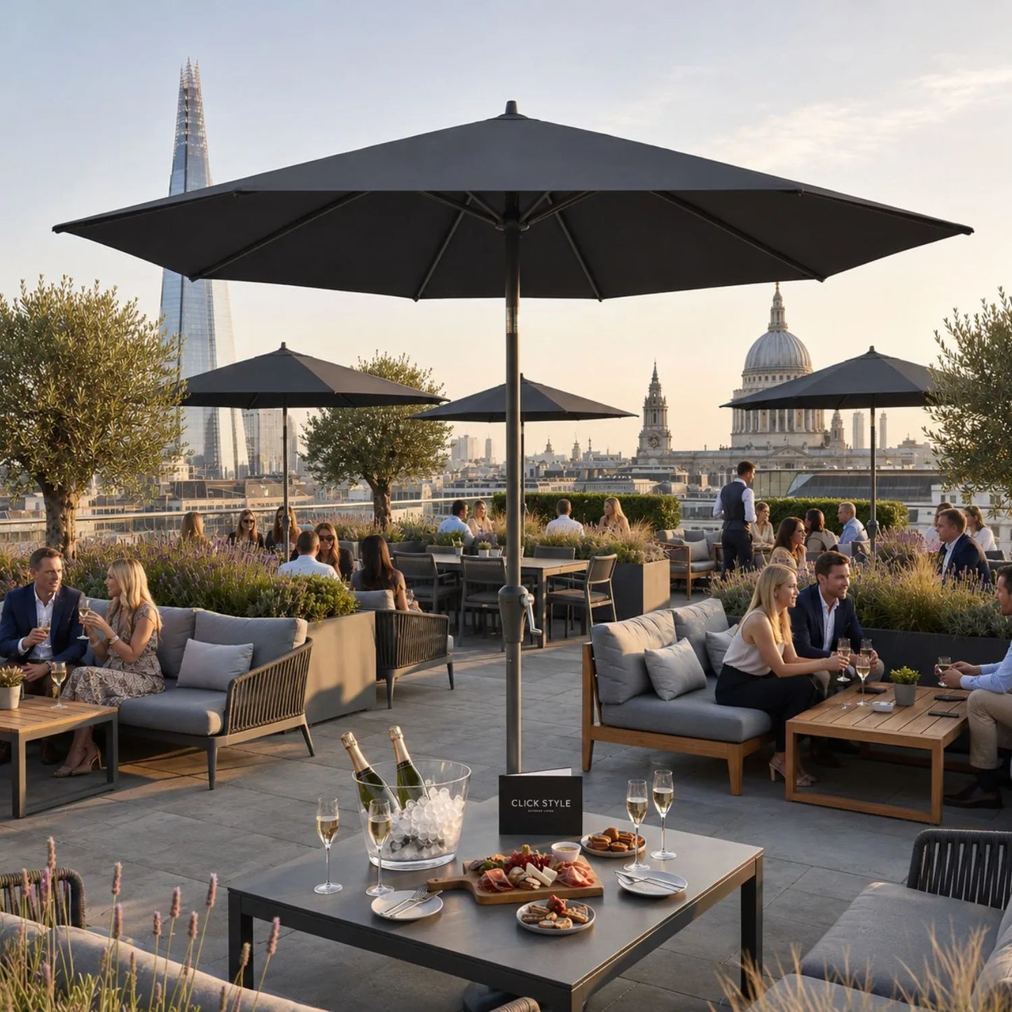 Platinum Riva 3.5m Round Centre Pole Parasol in Anthracite Grey with powder-coated aluminium frame, round 220g/m² polyester canopy and easy wind-up handle for gardens, patios, terraces and outdoor dining areas | Click Style