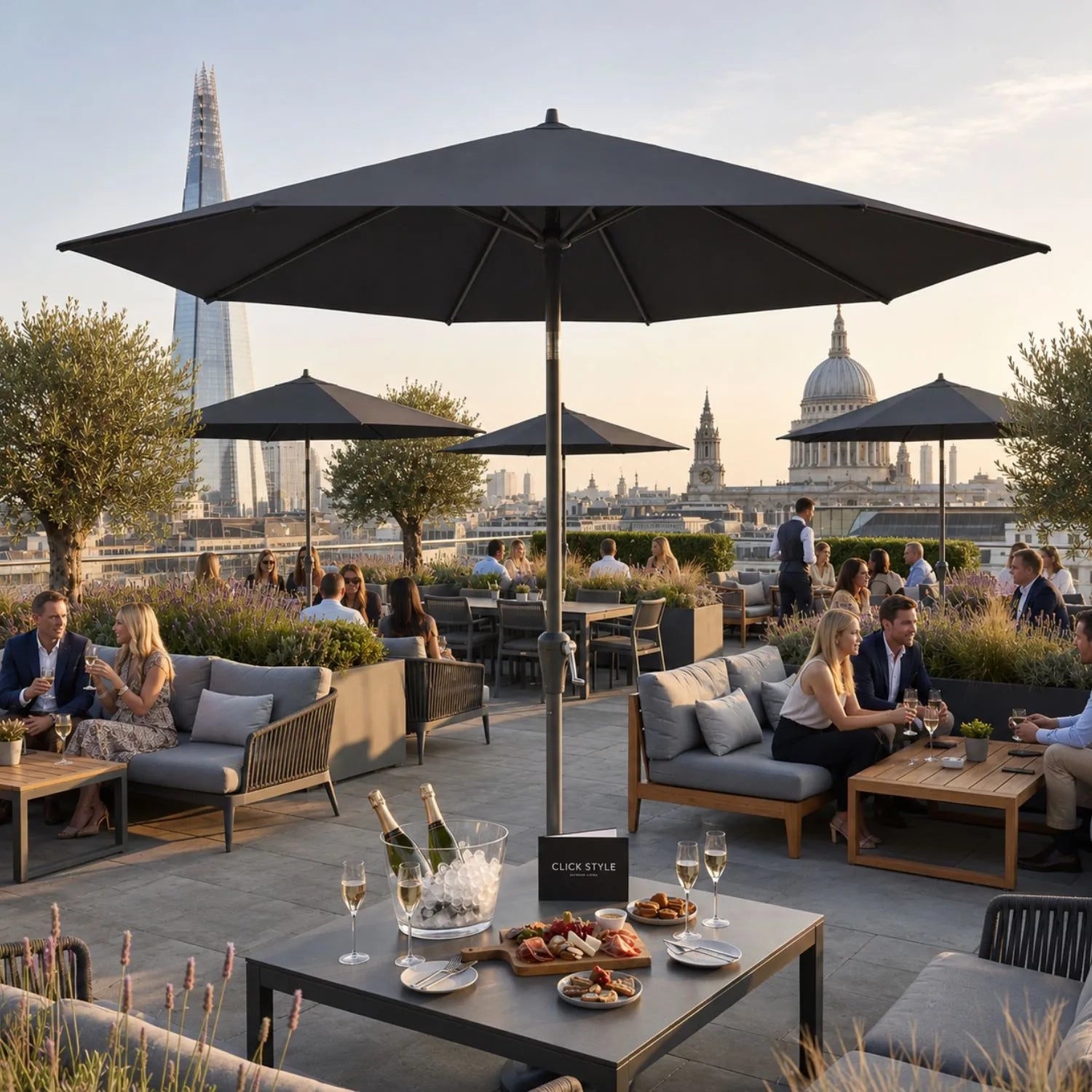 Platinum Riva 3.5m Round Centre Pole Parasol in Anthracite Grey with powder-coated aluminium frame, round 220g/m² polyester canopy and easy wind-up handle for gardens, patios, terraces and outdoor dining areas | Click Style