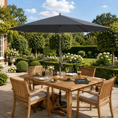 Platinum Riva 3.5m Round Centre Pole Parasol in Anthracite Grey with powder-coated aluminium frame, round 220g/m² polyester canopy and easy wind-up handle for gardens, patios, terraces and outdoor dining areas | Click Style