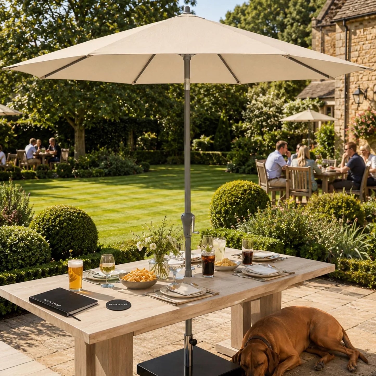 Platinum Riva 3.5m Round Centre Pole Parasol in Champagne with anthracite grey powder-coated aluminium centre pole, water-repellent canopy and easy wind-up handle for gardens, patios, terraces and balconies | Click Styl