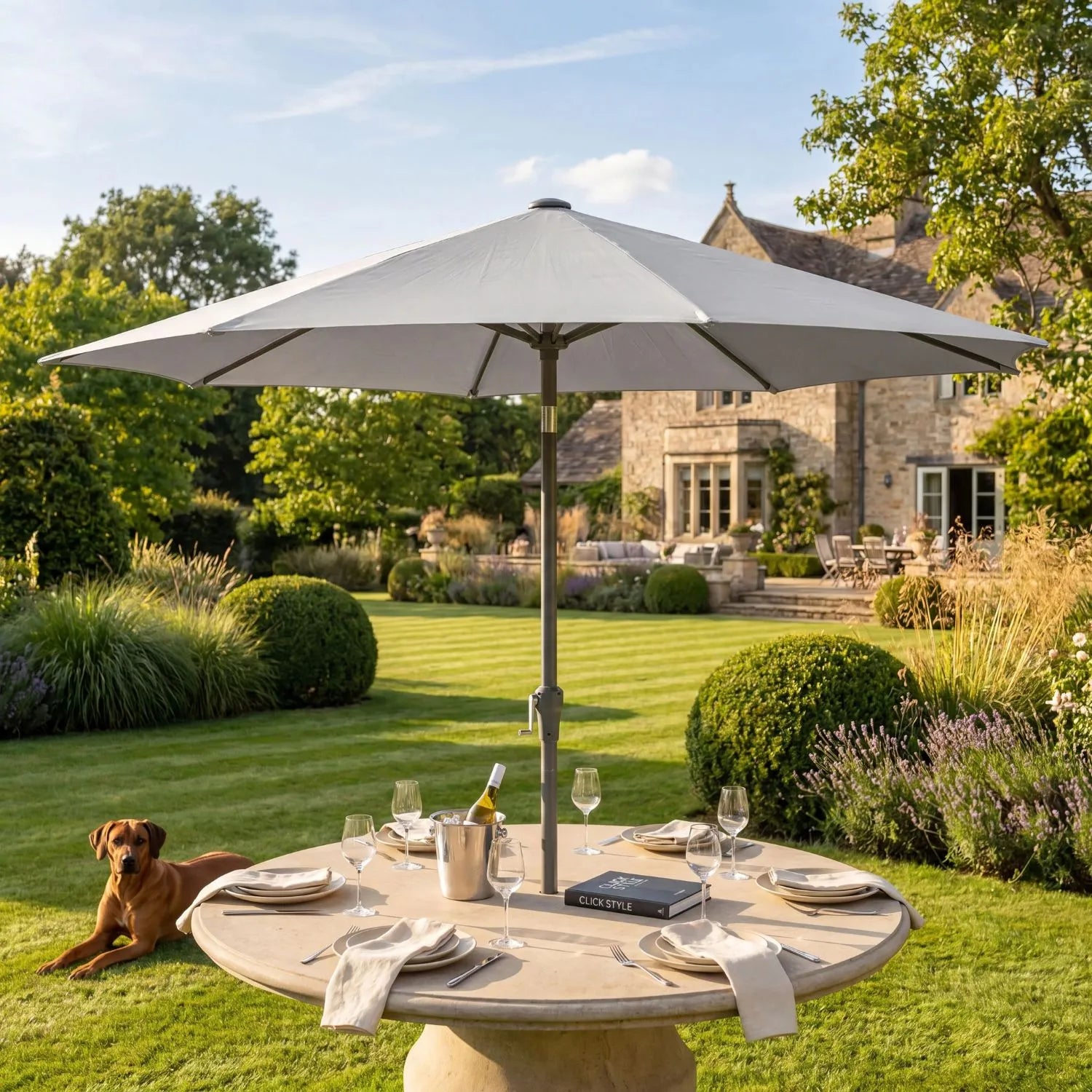 Platinum Riva 3.5m Round Centre Pole Parasol in Light Grey with 3.5m water-repellent canopy, anthracite grey powder-coated aluminium centre pole and easy wind-up handle for gardens, patios, terraces and balconies | Click Style