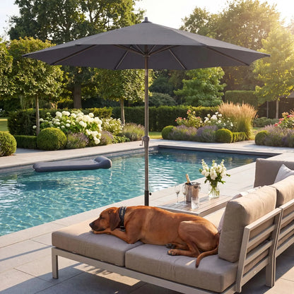 Platinum Riva 3.5m Round Centre Pole Parasol in Anthracite Grey with powder-coated aluminium frame, round 220g/m² polyester canopy and easy wind-up handle for gardens, patios, terraces and outdoor dining areas | Click Style