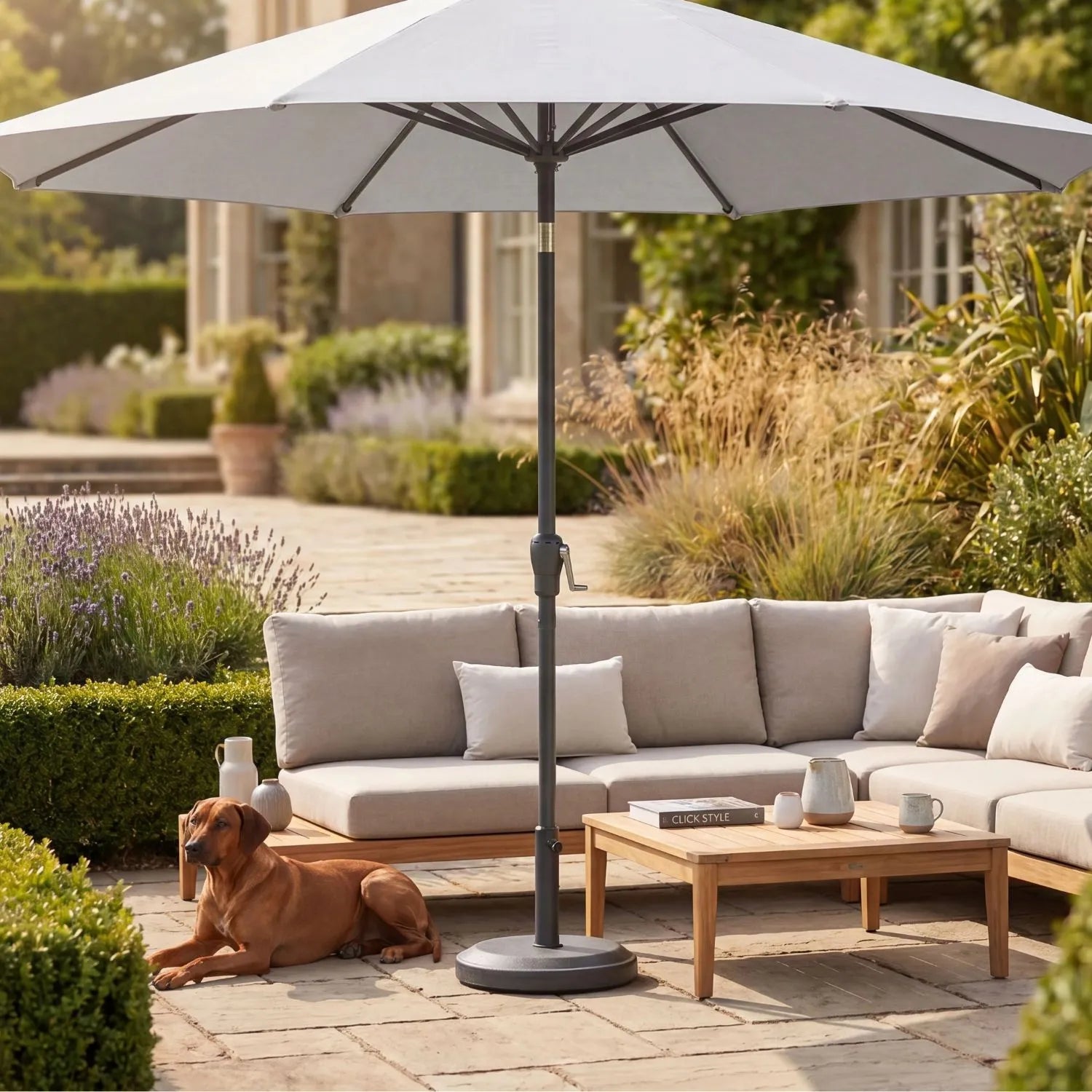 Platinum Riva 3.5m Round Centre Pole Parasol in Light Grey with 3.5m water-repellent canopy, anthracite grey powder-coated aluminium centre pole and easy wind-up handle for gardens, patios, terraces and balconies | Click Style