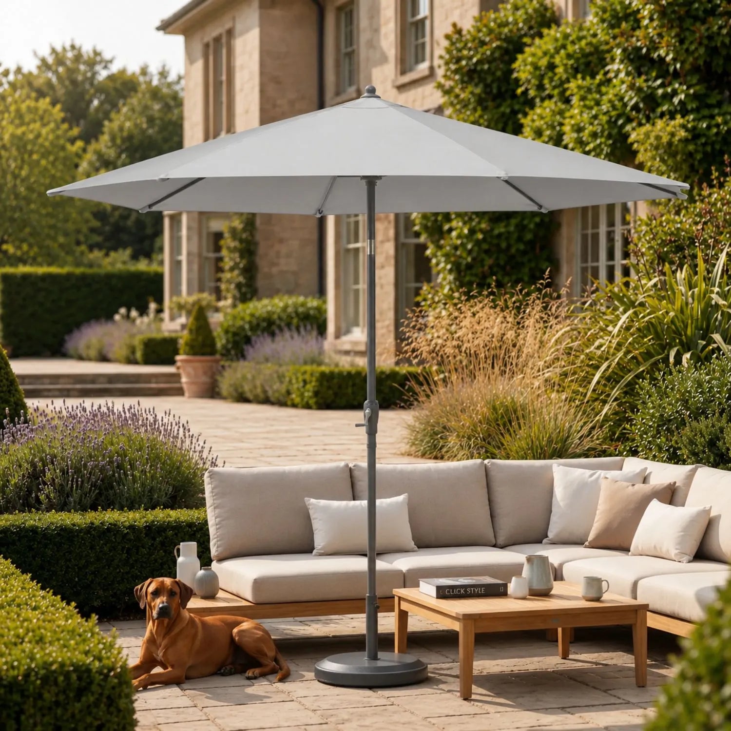 Platinum Riva 3.5m Round Centre Pole Parasol in Light Grey with 3.5m water-repellent canopy, anthracite grey powder-coated aluminium centre pole and easy wind-up handle for gardens, patios, terraces and balconies | Click Style
