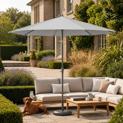 Platinum Riva 3.5m Round Centre Pole Parasol in Light Grey with 3.5m water-repellent canopy, anthracite grey powder-coated aluminium centre pole and easy wind-up handle for gardens, patios, terraces and balconies | Click Style