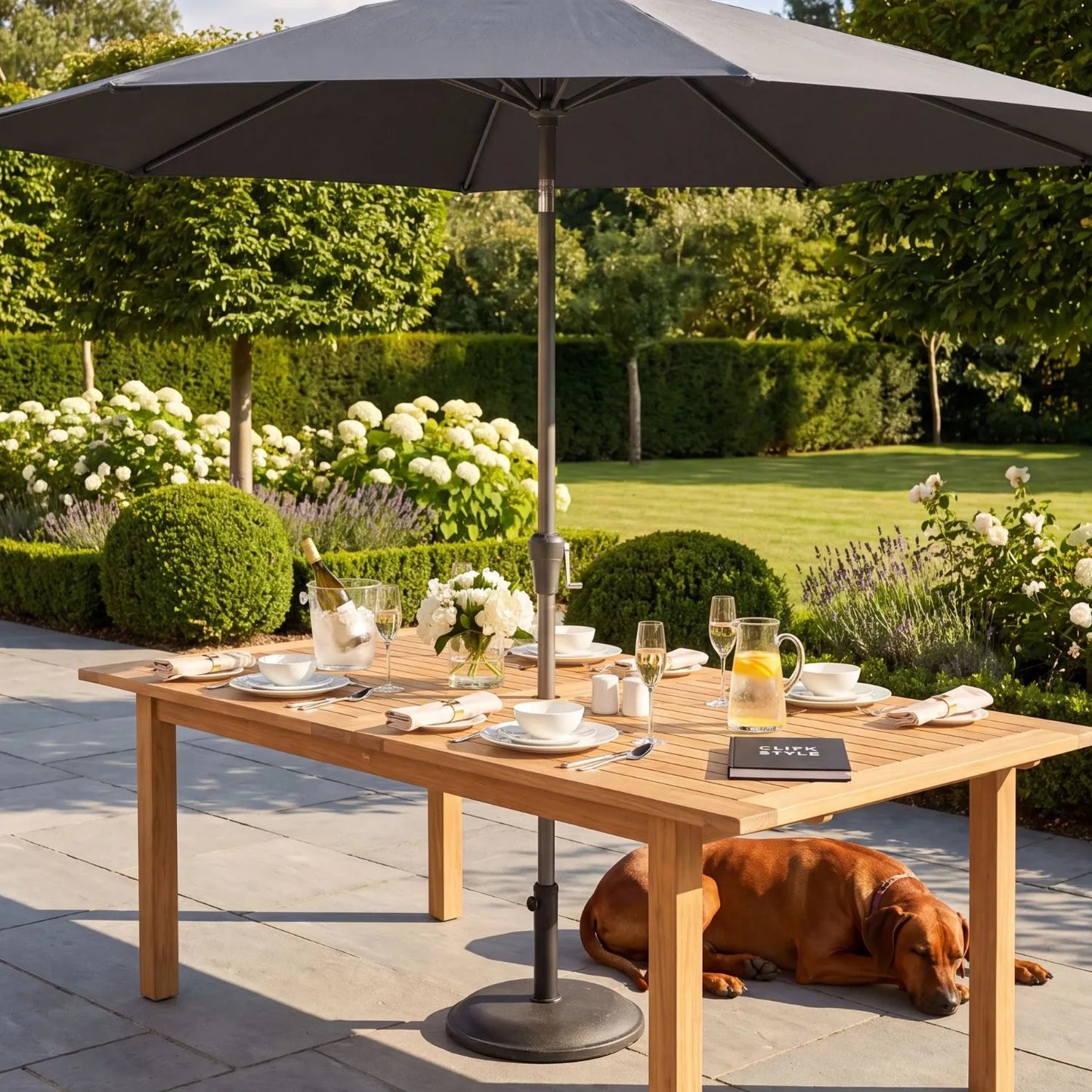 Platinum Riva 3.5m Round Centre Pole Parasol in Anthracite Grey with powder-coated aluminium frame, round 220g/m² polyester canopy and easy wind-up handle for gardens, patios, terraces and outdoor dining areas | Click Style