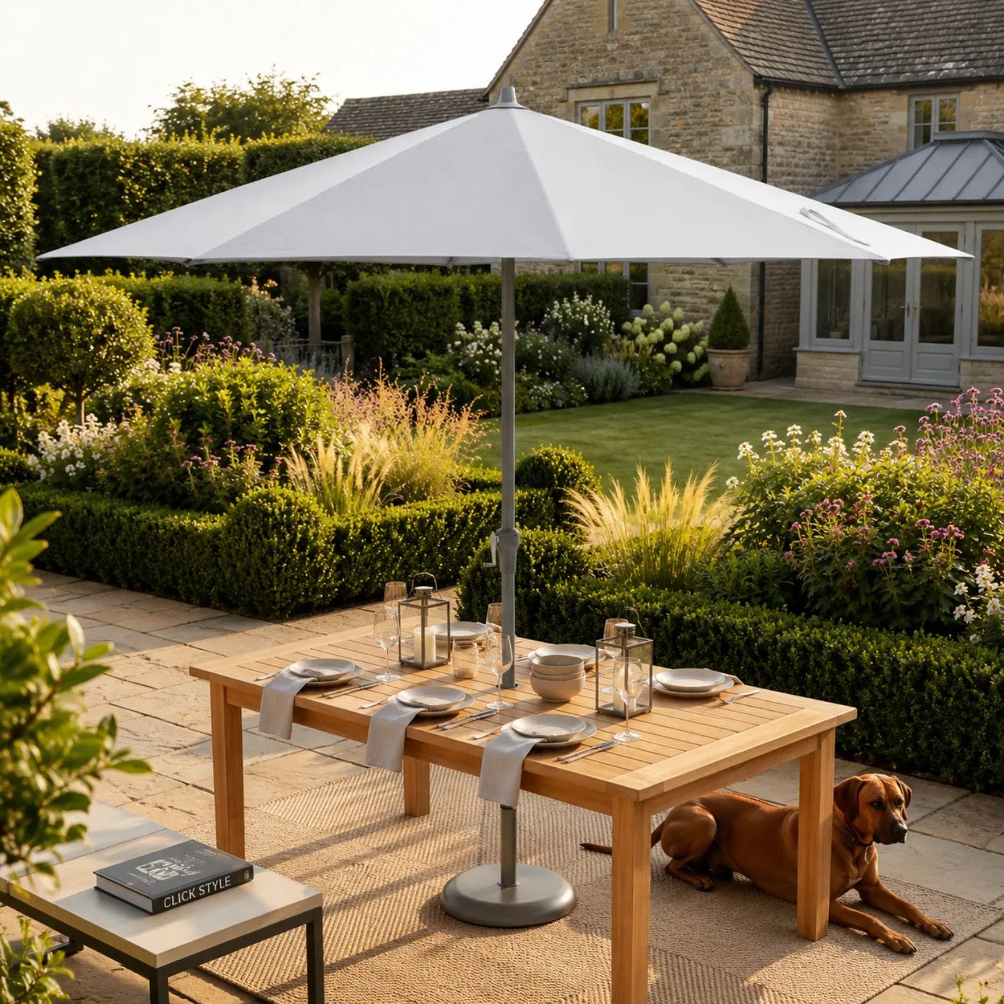 Platinum Riva 3.5m Round Centre Pole Parasol in Light Grey with 3.5m water-repellent canopy, anthracite grey powder-coated aluminium centre pole and easy wind-up handle for gardens, patios, terraces and balconies | Click Style