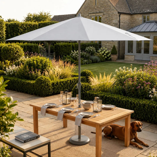 Platinum Riva 3.5m Round Centre Pole Parasol in Light Grey with 3.5m water-repellent canopy, anthracite grey powder-coated aluminium centre pole and easy wind-up handle for gardens, patios, terraces and balconies | Click Style