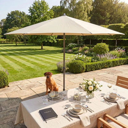 Platinum Riva 3.5m Round Centre Pole Parasol in Champagne with anthracite grey powder-coated aluminium centre pole, water-repellent canopy and easy wind-up handle for gardens, patios, terraces and balconies | Click Styl