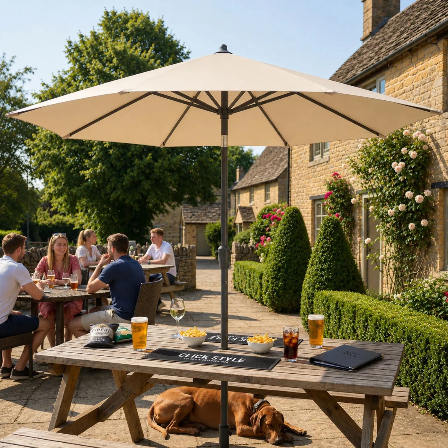 Platinum Riva 3.5m Round Centre Pole Parasol in Champagne with anthracite grey powder-coated aluminium centre pole, water-repellent canopy and easy wind-up handle for gardens, patios, terraces and balconies | Click Styl