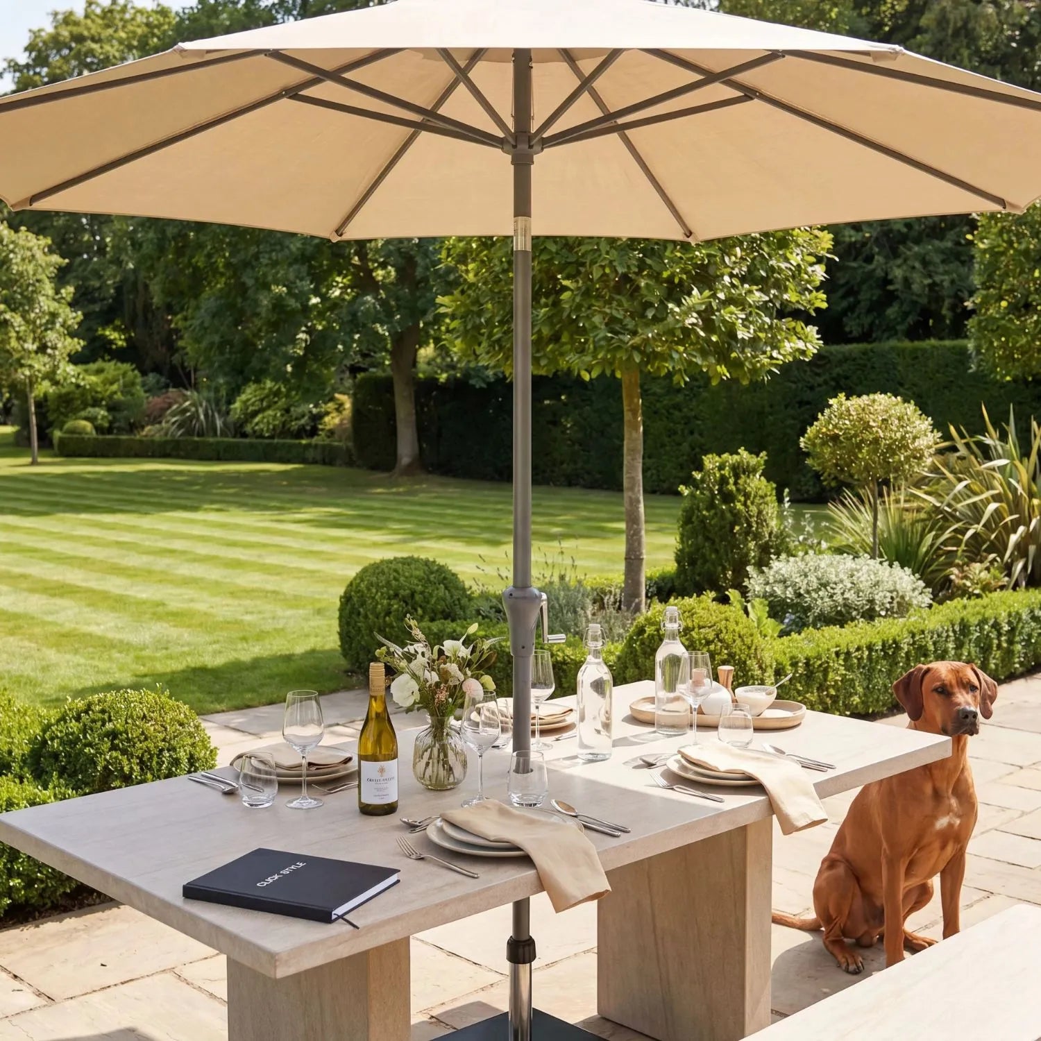 Platinum Riva 3.5m Round Centre Pole Parasol in Champagne with anthracite grey powder-coated aluminium centre pole, water-repellent canopy and easy wind-up handle for gardens, patios, terraces and balconies | Click Styl