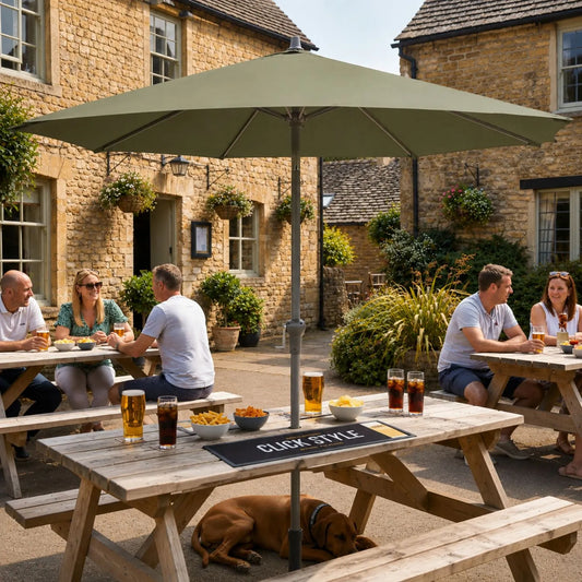 Platinum Riva 3.5m Round Olive Green Centre Pole Parasol with anthracite grey powder-coated aluminium frame, water-repellent canopy and easy wind-up crank handle | Click Style