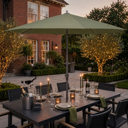 Platinum Riva 3.5m Round Olive Green Centre Pole Parasol with anthracite grey powder-coated aluminium frame, water-repellent canopy and easy wind-up crank handle | Click Style