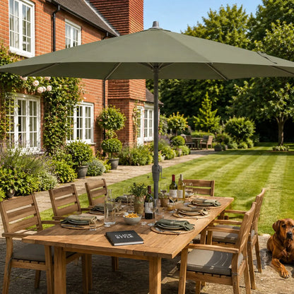 Platinum Riva 3.5m Round Olive Green Centre Pole Parasol with anthracite grey powder-coated aluminium frame, water-repellent canopy and easy wind-up crank handle | Click Style