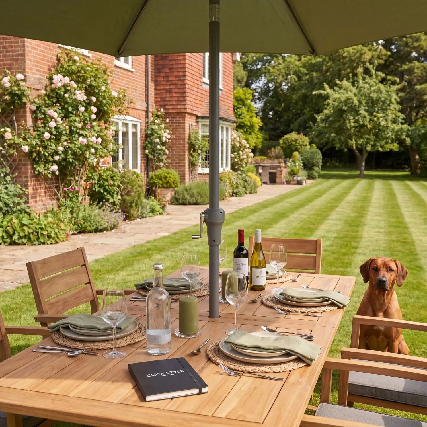 Platinum Riva 3.5m Round Olive Green Centre Pole Parasol with anthracite grey powder-coated aluminium frame, water-repellent canopy and easy wind-up crank handle | Click Style