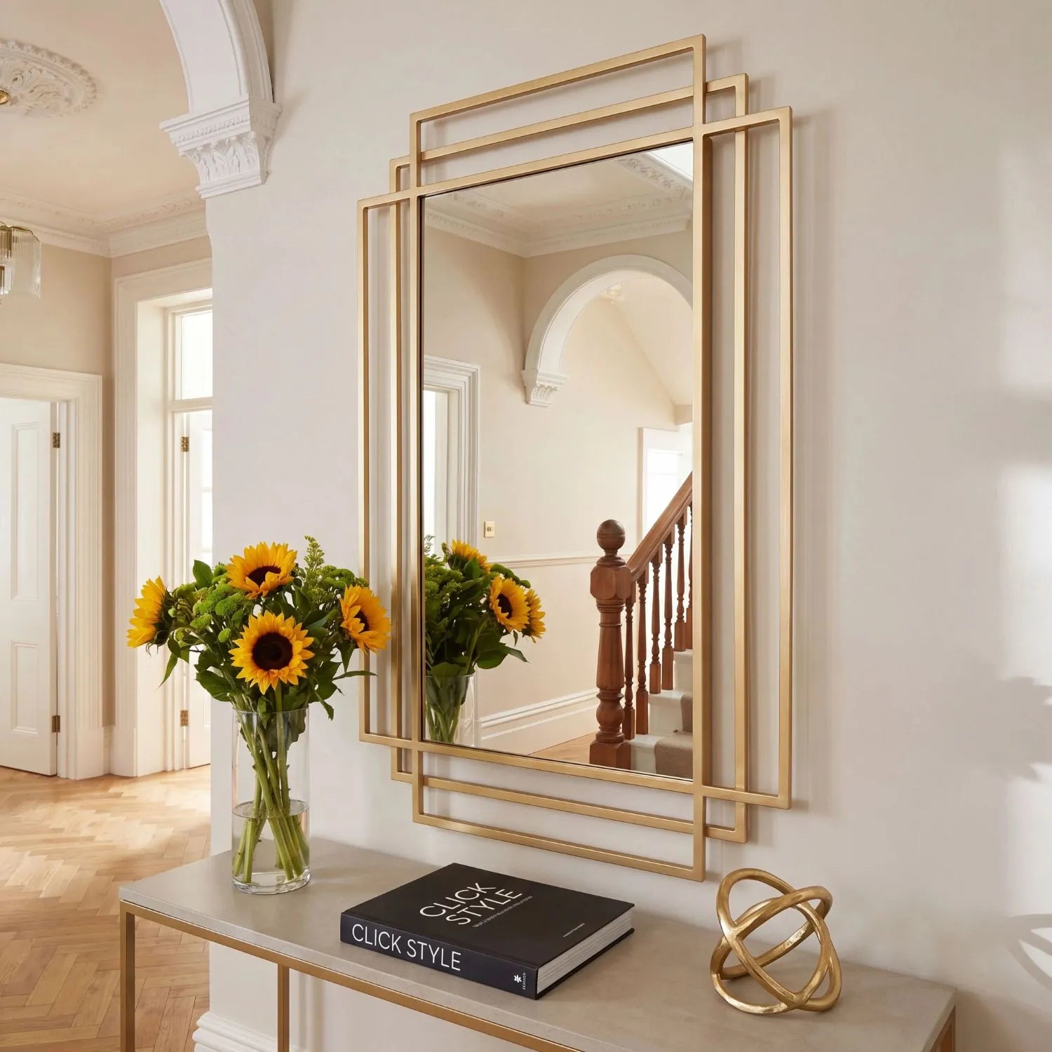 Rectangular Art Deco Gold Metal Framed Wall Mirror 92x61x3cm with Distinctive Geometric Architectural Multi-Frame Design Elegant Gold Finish Gold Wall Mirror and Mantel Mirror for Contemporary and Traditional Interiors Suitable for Portrait or Landscape Wall Mounting | Click Style