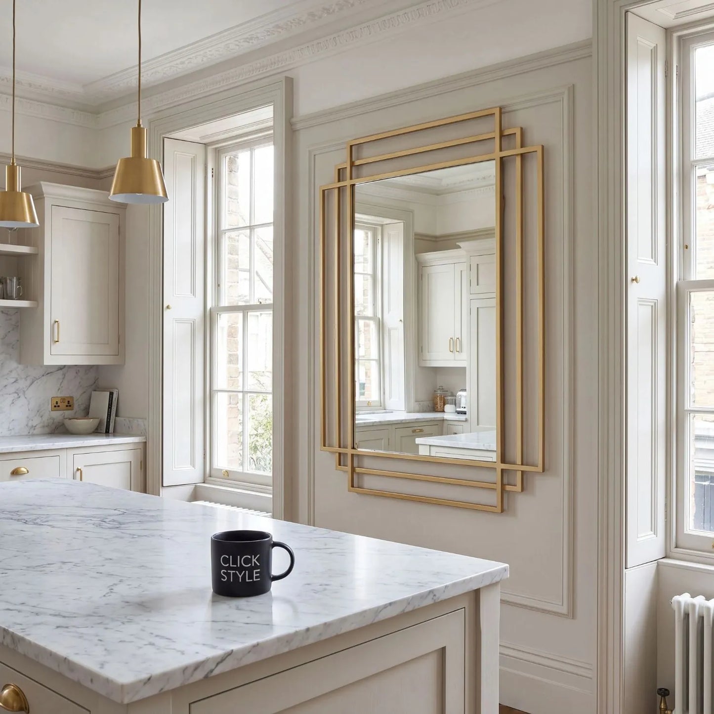 Rectangular Art Deco Gold Metal Framed Wall Mirror 92x61x3cm with Distinctive Geometric Architectural Multi-Frame Design Elegant Gold Finish Gold Wall Mirror and Mantel Mirror for Contemporary and Traditional Interiors Suitable for Portrait or Landscape Wall Mounting | Click Style