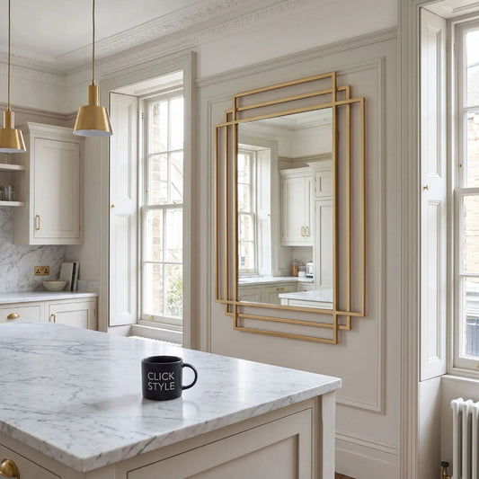 Rectangular Art Deco Gold Metal Framed Wall Mirror 92x61x3cm with Distinctive Geometric Architectural Multi-Frame Design Elegant Gold Finish Gold Wall Mirror and Mantel Mirror for Contemporary and Traditional Interiors Suitable for Portrait or Landscape Wall Mounting | Click Style