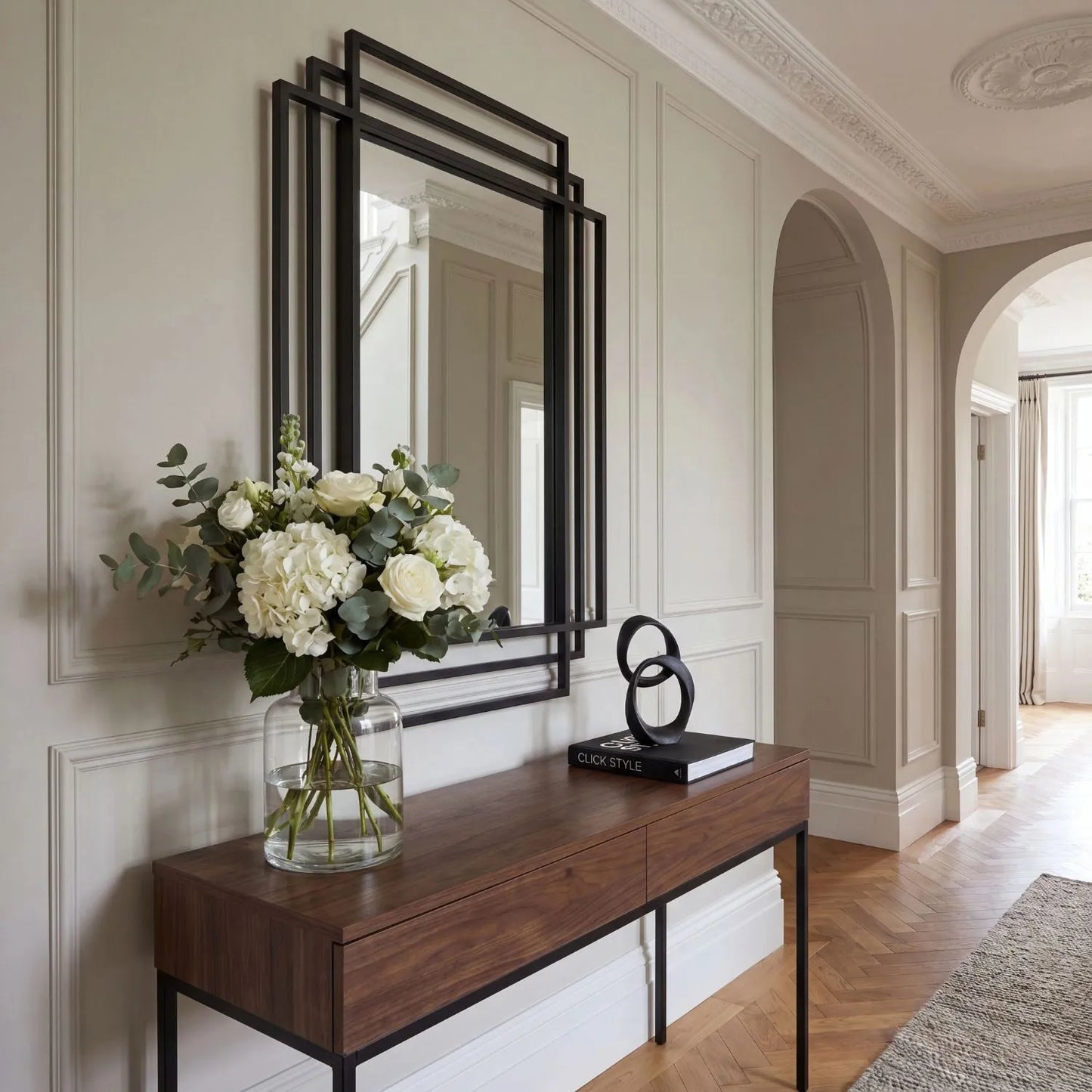 Rectangular Art Deco Matt Black Metal Framed Wall Mirror 92x61x3cm with Distinctive Geometric Multi-Frame Design and Contemporary Matt Black Finish for Hallways Living Rooms Bedrooms and Fireplace Mantel Styling, Suitable for Portrait or Landscape Hanging | Click Style