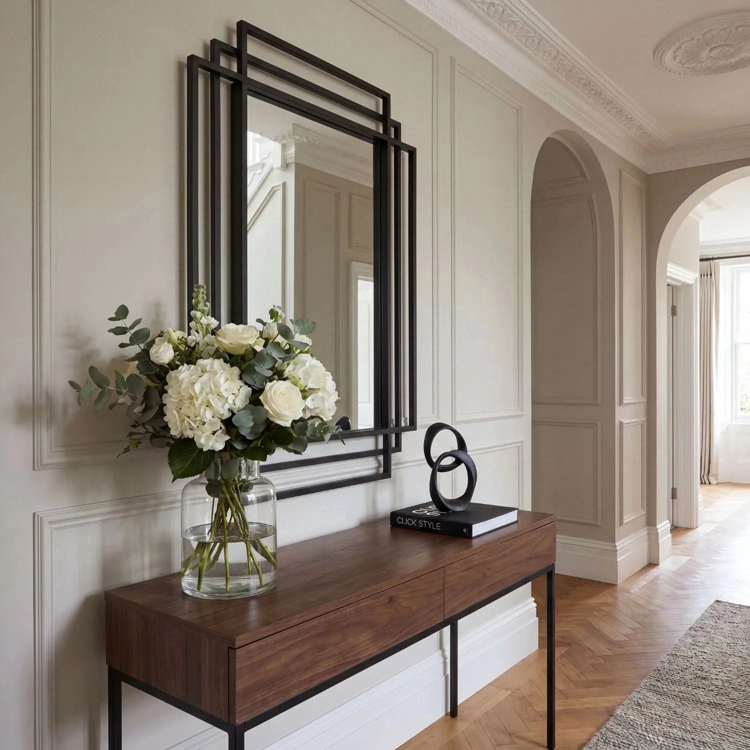 Rectangular Art Deco Matt Black Metal Framed Wall Mirror 92x61x3cm with Distinctive Geometric Multi-Frame Design and Contemporary Matt Black Finish for Hallways Living Rooms Bedrooms and Fireplace Mantel Styling, Suitable for Portrait or Landscape Hanging | Click Style