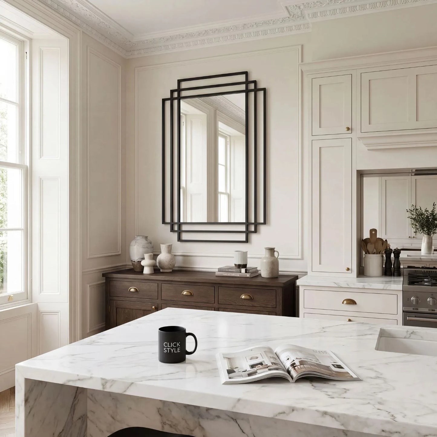 Rectangular Art Deco Matt Black Metal Framed Wall Mirror 92x61x3cm with Distinctive Geometric Multi-Frame Design and Contemporary Matt Black Finish for Hallways Living Rooms Bedrooms and Fireplace Mantel Styling, Suitable for Portrait or Landscape Hanging | Click Style