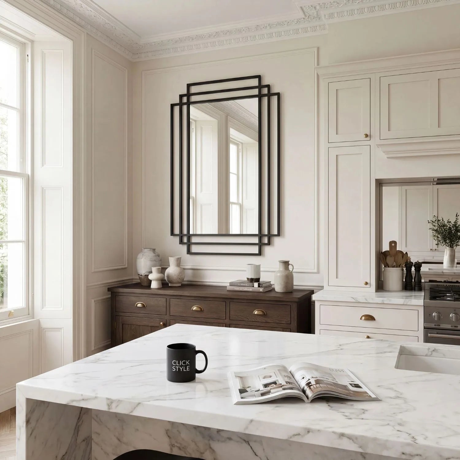 Rectangular Art Deco Matt Black Metal Framed Wall Mirror 92x61x3cm with Distinctive Geometric Multi-Frame Design and Contemporary Matt Black Finish for Hallways Living Rooms Bedrooms and Fireplace Mantel Styling, Suitable for Portrait or Landscape Hanging | Click Style