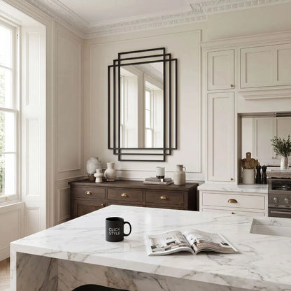 Rectangular Art Deco Matt Black Metal Framed Wall Mirror 92x61x3cm with Distinctive Geometric Multi-Frame Design and Contemporary Matt Black Finish for Hallways Living Rooms Bedrooms and Fireplace Mantel Styling, Suitable for Portrait or Landscape Hanging | Click Style