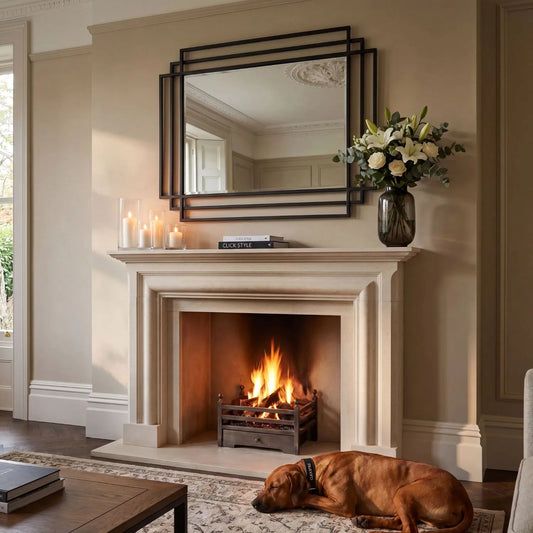 Rectangular Art Deco Matt Black Metal Framed Wall Mirror 92x61x3cm with Distinctive Geometric Multi-Frame Design and Contemporary Matt Black Finish for Hallways Living Rooms Bedrooms and Fireplace Mantel Styling, Suitable for Portrait or Landscape Hanging | Click Style
