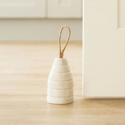 Ribbed Natural White Marble Door Stop with Jute Rope Handle & Unique Veining – Neutral Decorative Weighted Stone Doorstop 12x7x7cm | Click Style