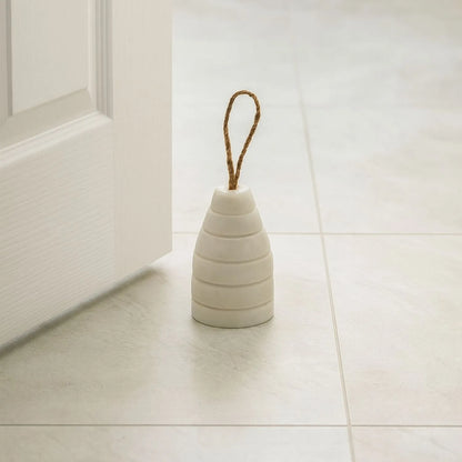 Ribbed Natural White Marble Door Stop with Jute Rope Handle & Unique Veining – Neutral Decorative Weighted Stone Doorstop 12x7x7cm | Click Style