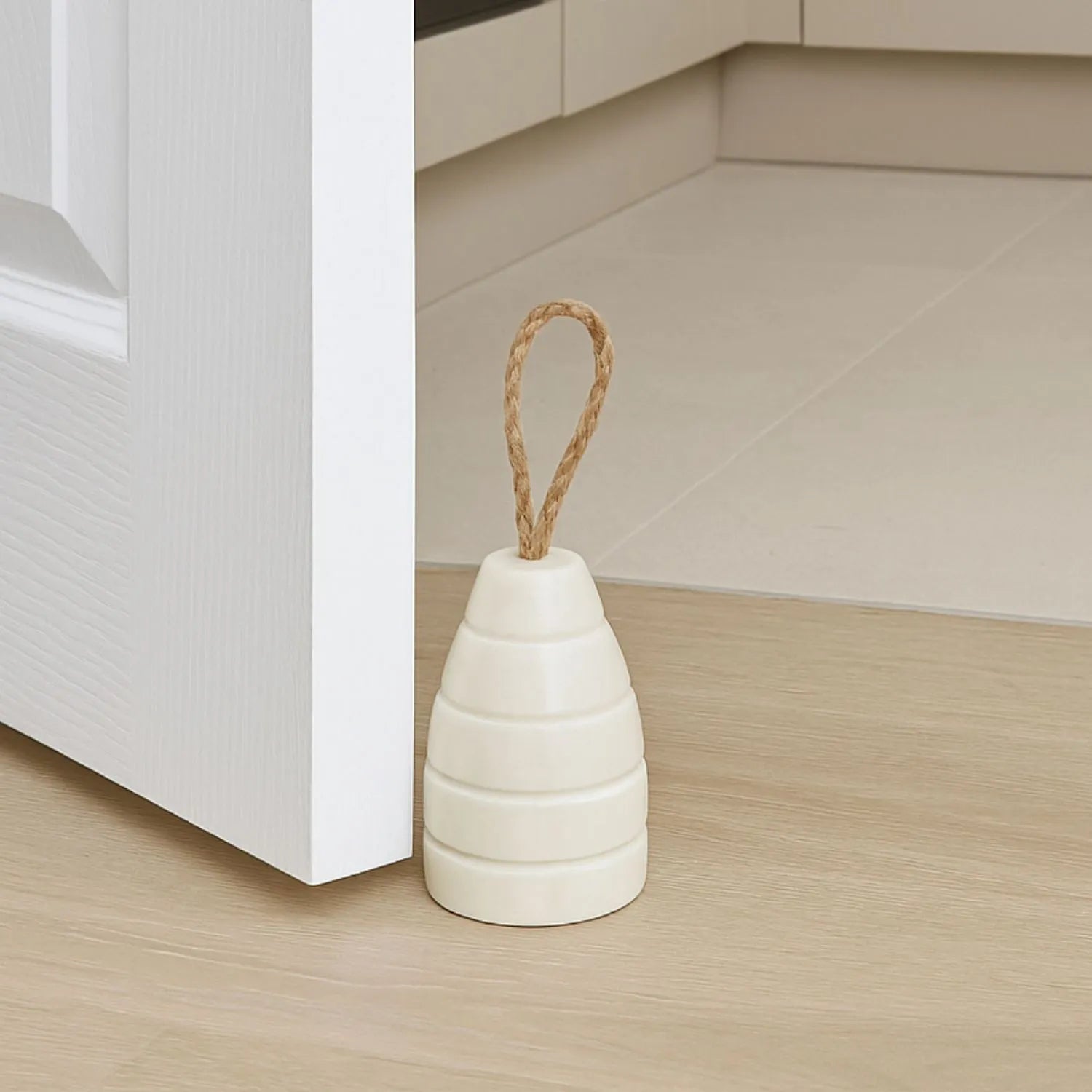 Ribbed Natural White Marble Door Stop with Jute Rope Handle & Unique Veining – Neutral Decorative Weighted Stone Doorstop 12x7x7cm | Click Style