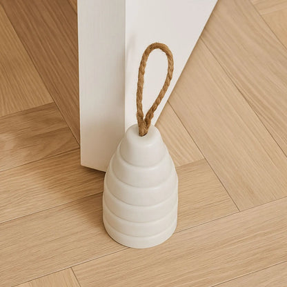 Ribbed Natural White Marble Door Stop with Jute Rope Handle & Unique Veining – Neutral Decorative Weighted Stone Doorstop 12x7x7cm | Click Style