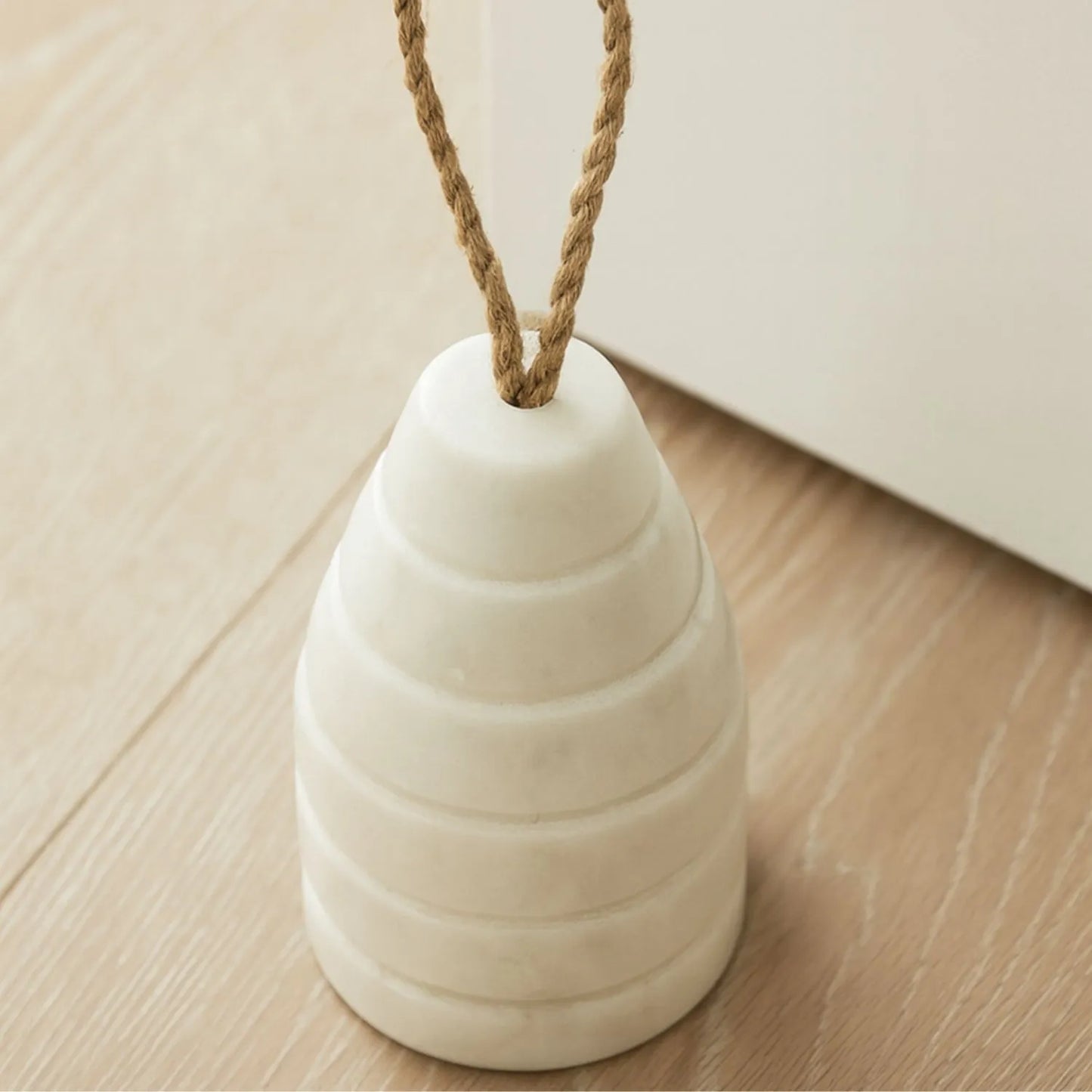 Ribbed Natural White Marble Door Stop with Jute Rope Handle & Unique Veining – Neutral Decorative Weighted Stone Doorstop 12x7x7cm | Click Style