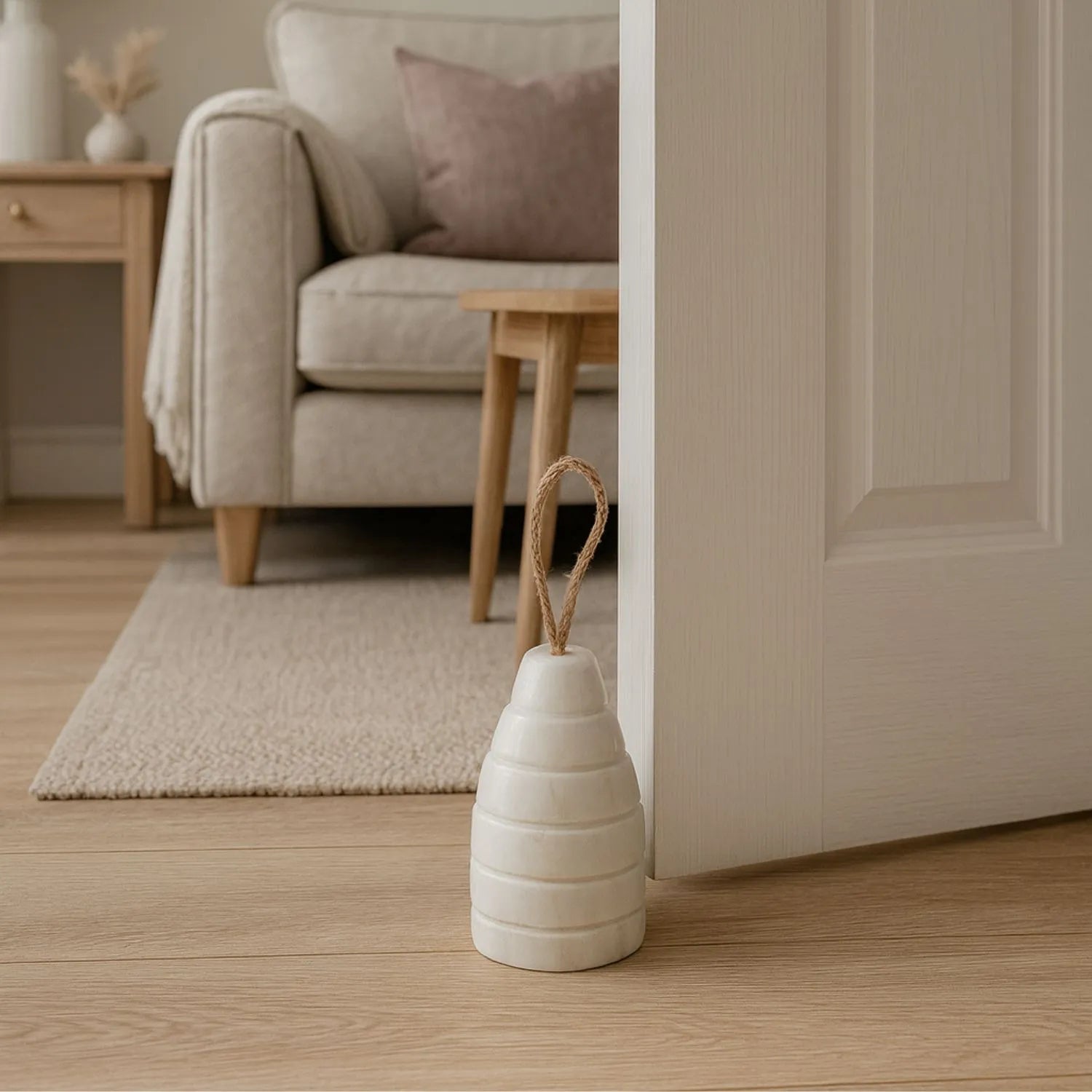 Ribbed Natural White Marble Door Stop with Jute Rope Handle & Unique Veining – Neutral Decorative Weighted Stone Doorstop 12x7x7cm | Click Style