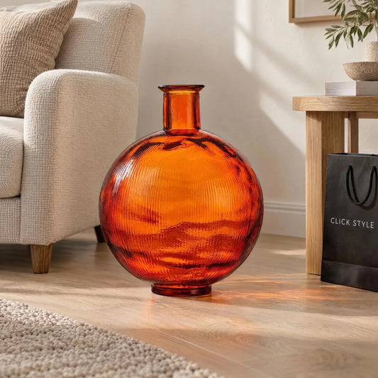 Rich Orange Recycled Glass Ribbed Vase with Bulbous Shape & Narrow Neck – Large Floor Standing Vase 42x34x34cm – Living Room Lifestyle | Click Style