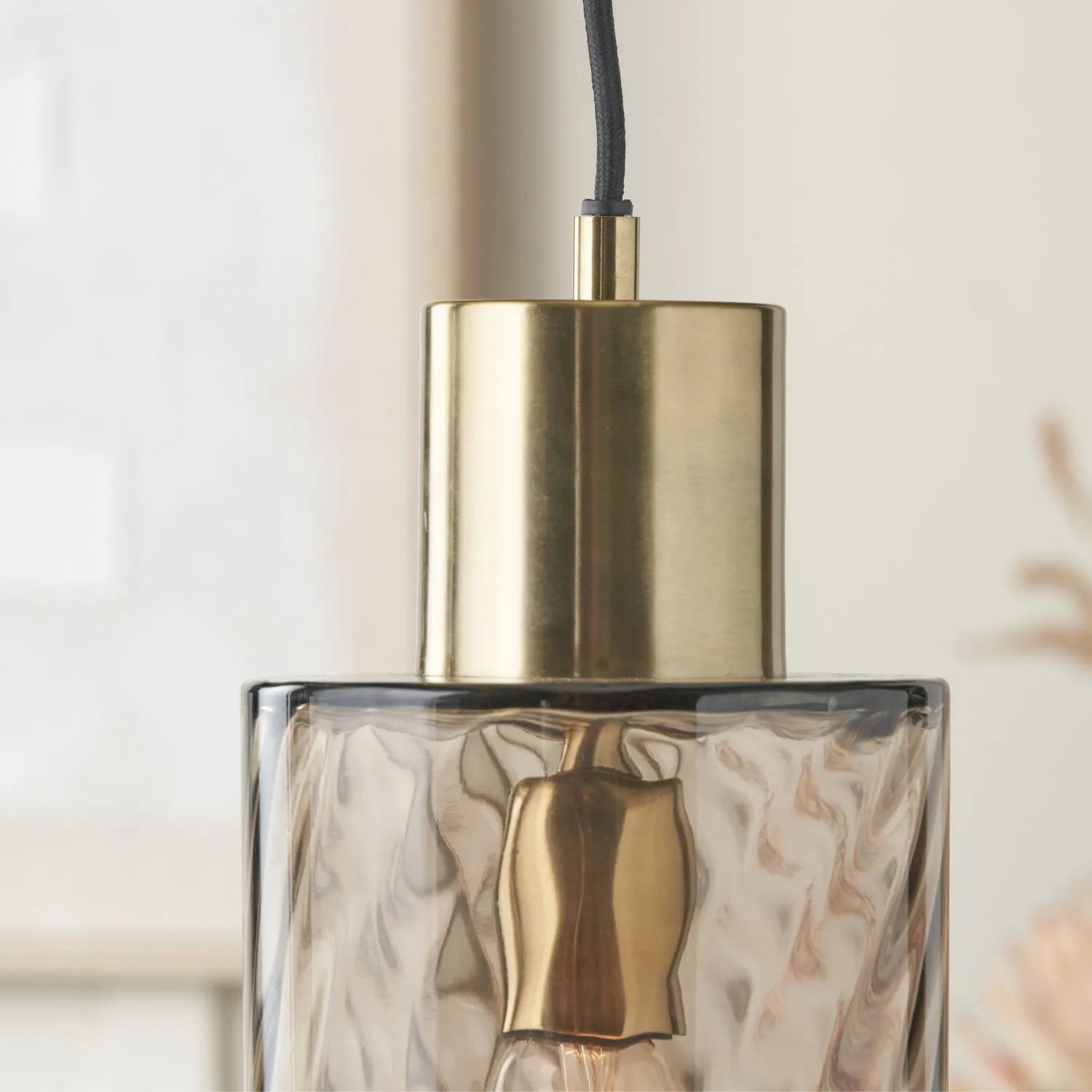 Ripple Optic Brown Glass Adjustable Pendant Ceiling Light with Antique Brass Fittings – Wavy Textured Glass Lighting 186x15x15cm | Click Style