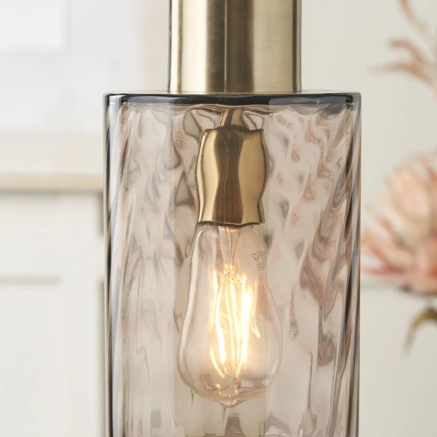 Ripple Optic Brown Glass Adjustable Pendant Ceiling Light with Antique Brass Fittings – Wavy Textured Glass Lighting 186x15x15cm | Click Style