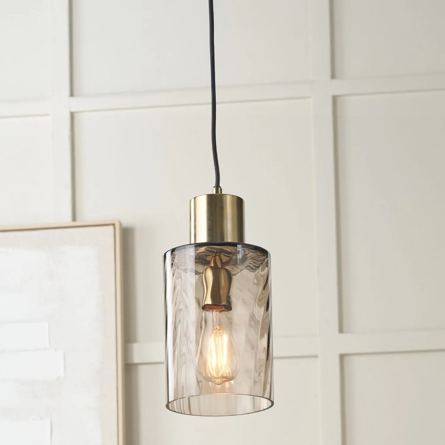 Ripple Optic Brown Glass Adjustable Pendant Ceiling Light with Antique Brass Fittings – Wavy Textured Glass Lighting 186x15x15cm | Click Style