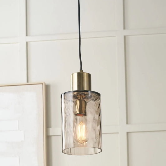 Ripple Optic Brown Glass Adjustable Pendant Ceiling Light with Antique Brass Fittings – Wavy Textured Glass Lighting 186x15x15cm | Click Style