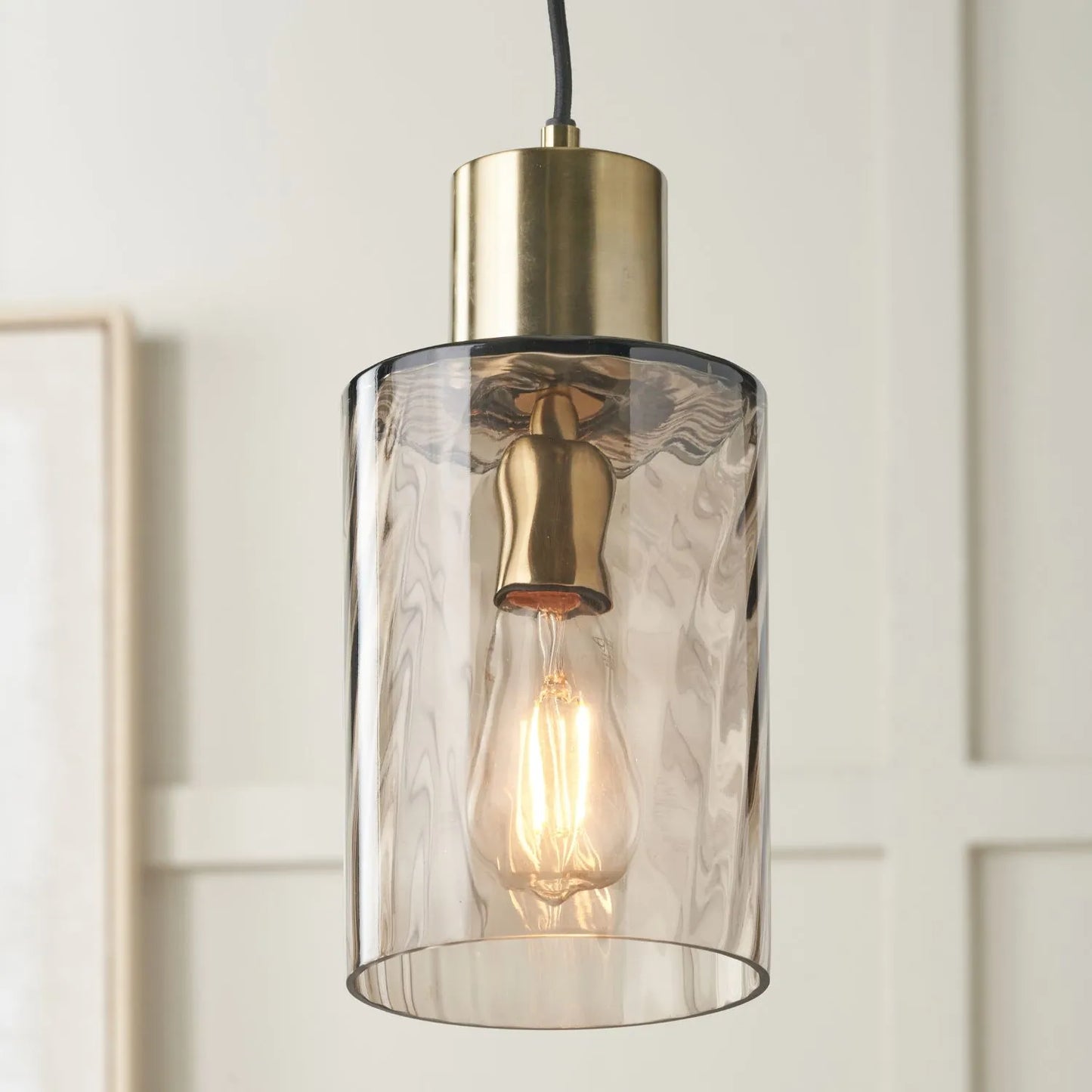 Ripple Optic Brown Glass Adjustable Pendant Ceiling Light with Antique Brass Fittings – Wavy Textured Glass Lighting 186x15x15cm | Click Style