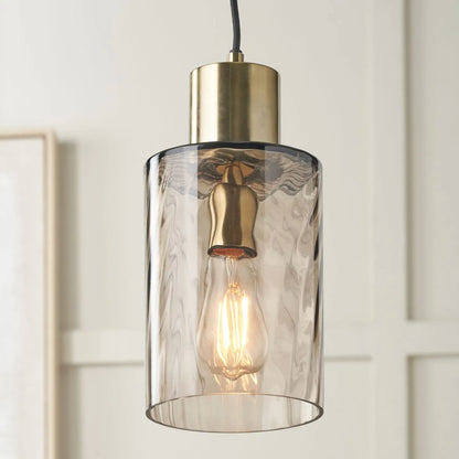 Ripple Optic Brown Glass Adjustable Pendant Ceiling Light with Antique Brass Fittings – Wavy Textured Glass Lighting 186x15x15cm | Click Style