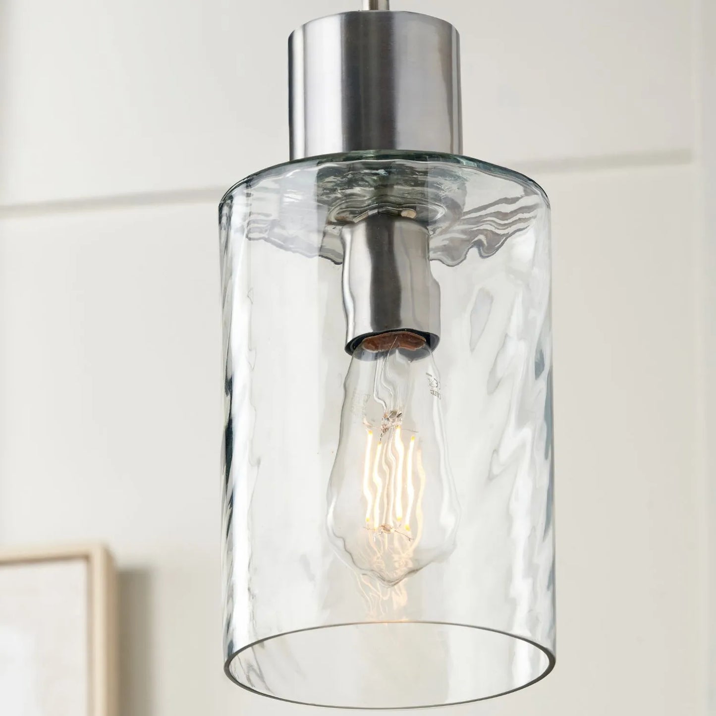 Ripple Optic Clear Glass Adjustable Pendant Ceiling Light with Brushed Silver Fittings – Wavy Textured Glass Lighting 186x15x15cm | Click Style