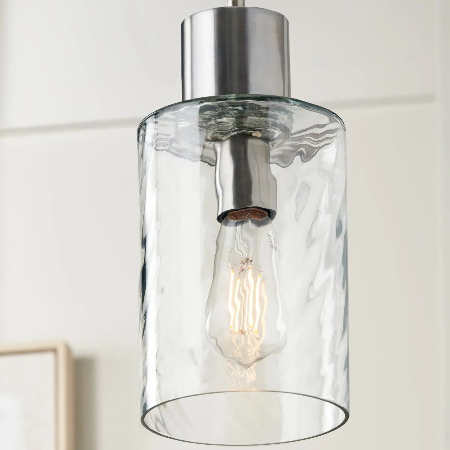 Ripple Optic Clear Glass Adjustable Pendant Ceiling Light with Brushed Silver Fittings – Wavy Textured Glass Lighting 186x15x15cm | Click Style