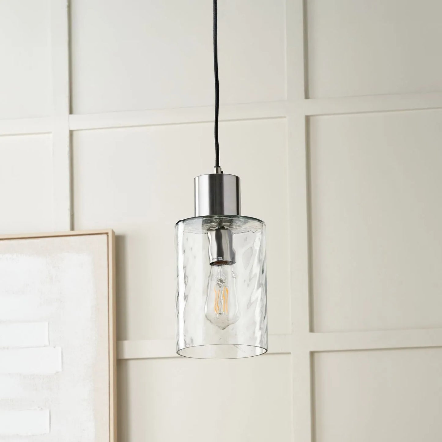 Ripple Optic Clear Glass Adjustable Pendant Ceiling Light with Brushed Silver Fittings – Wavy Textured Glass Lighting 186x15x15cm | Click Style