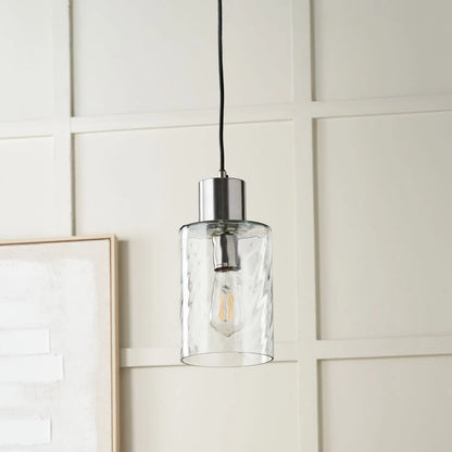 Ripple Optic Clear Glass Adjustable Pendant Ceiling Light with Brushed Silver Fittings – Wavy Textured Glass Lighting 186x15x15cm | Click Style