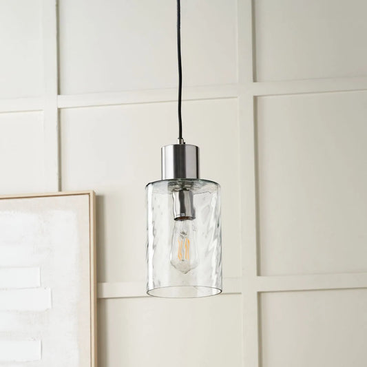 Ripple Optic Clear Glass Adjustable Pendant Ceiling Light with Brushed Silver Fittings – Wavy Textured Glass Lighting 186x15x15cm | Click Style