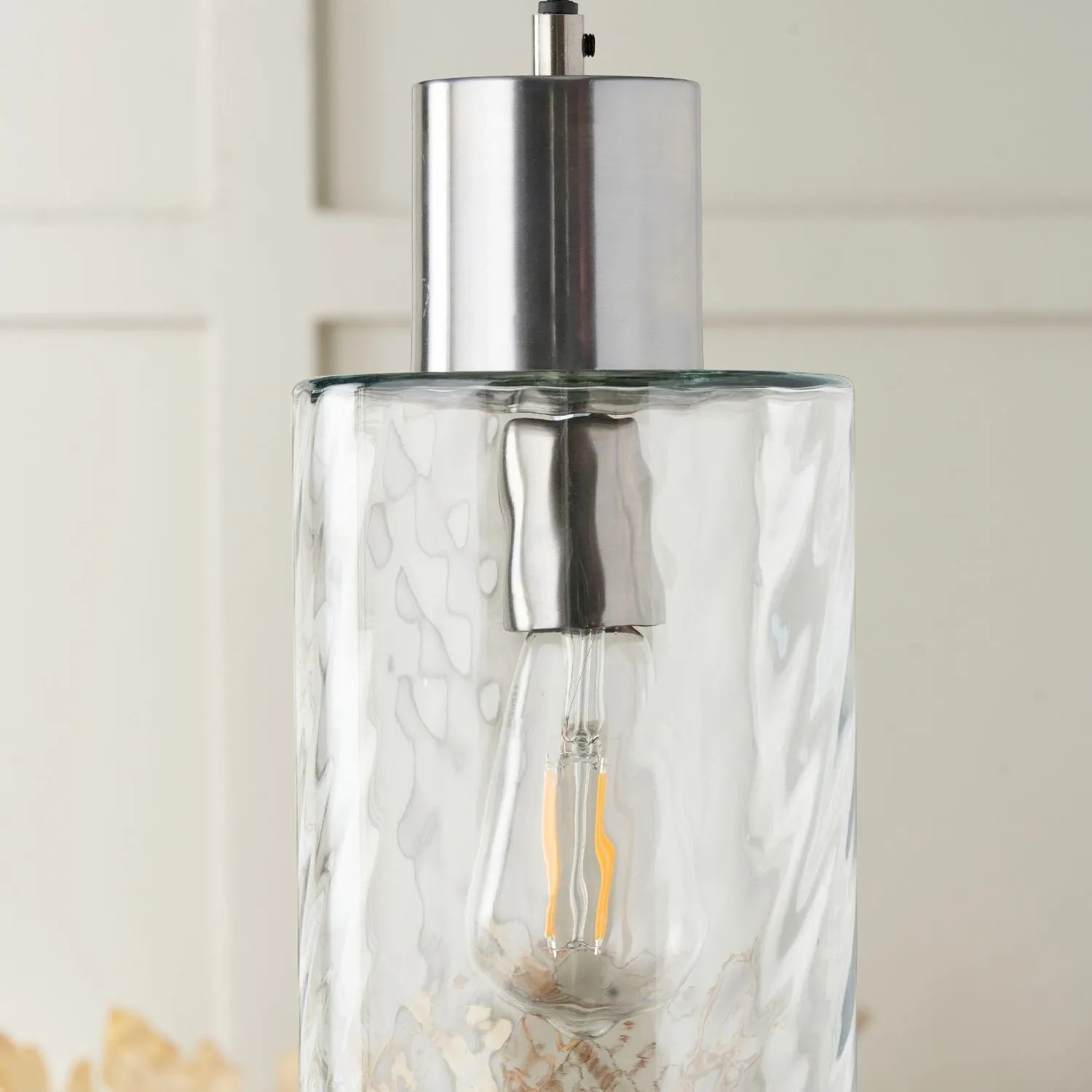 Ripple Optic Clear Glass Adjustable Pendant Ceiling Light with Brushed Silver Fittings – Wavy Textured Glass Lighting 186x15x15cm | Click Style